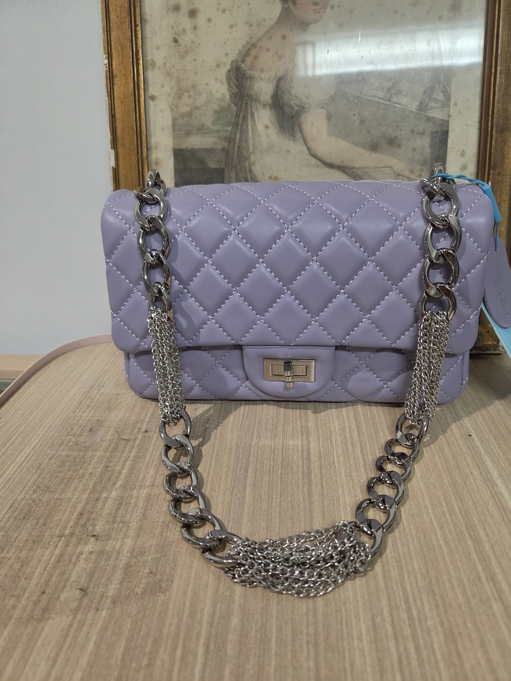 Tiffany & Fred NWT Quilted Lavender Leather Shoulder Bag with Silver Chain